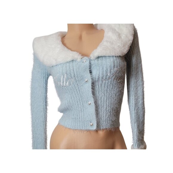 Hello Kitty & Friends X Forever 21 Blue Knit Cardigan W/Faux Fur Collar & Cuff - Picture 9 of 16
